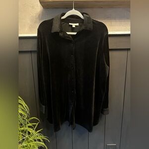 Woman Within Black Velvet Velour Button Up Shirt Blouse Top Shacket‎ Large 18/20